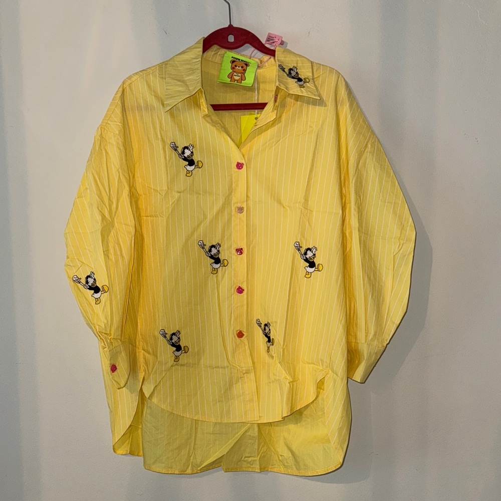 Yellow Button-Up Shirt with Cartoon Embroidery